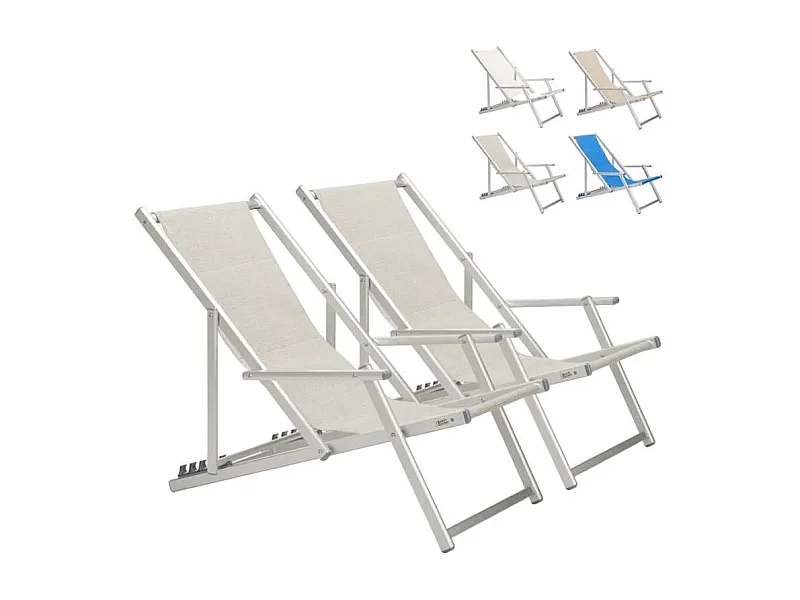 2er Set Strandliegen Liegestühle Sonnenliegen mit Armlehnen aus Aluminium Riccione Gold Lux - Grau