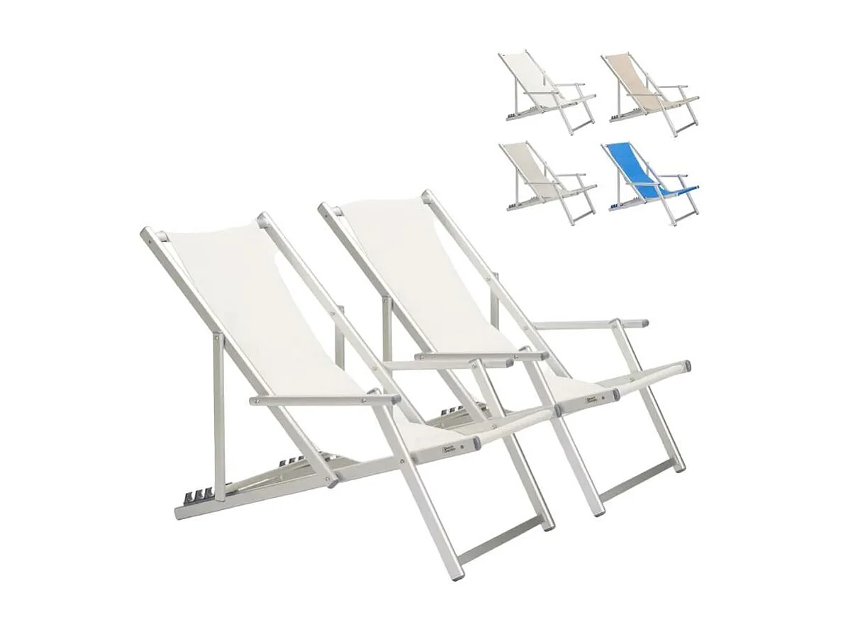 2er Set Strandliegen Liegestühle Sonnenliegen mit Armlehnen aus Aluminium Riccione Gold Lux - Weiß