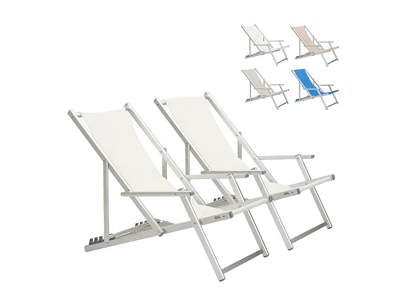 2er Set Strandliegen Liegestühle Sonnenliegen mit Armlehnen aus Aluminium Riccione Gold Lux - Weiß