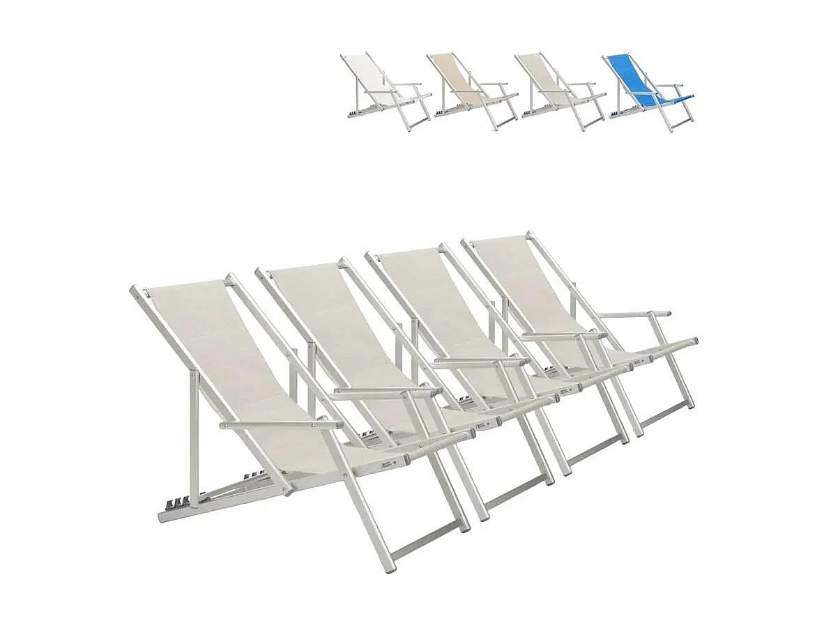 4er Set Liegestühle Sonnenliegen Strandliegen mit Armlehnen aus Aluminium klappbar Riccione Gold Lux - Grau