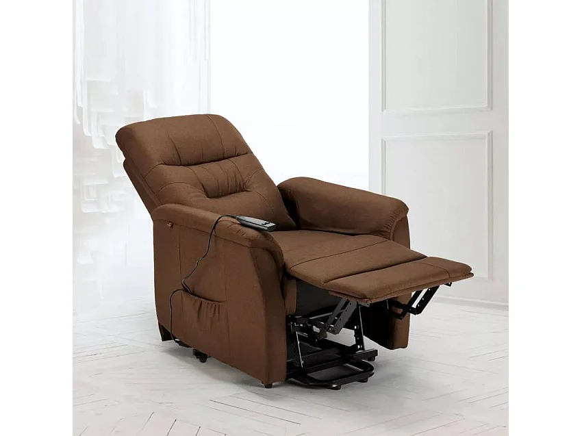 Elektrischer Relaxsessel Marie aus Stoff mit Rädern und Aufstehhilfe für Senioren - Braun