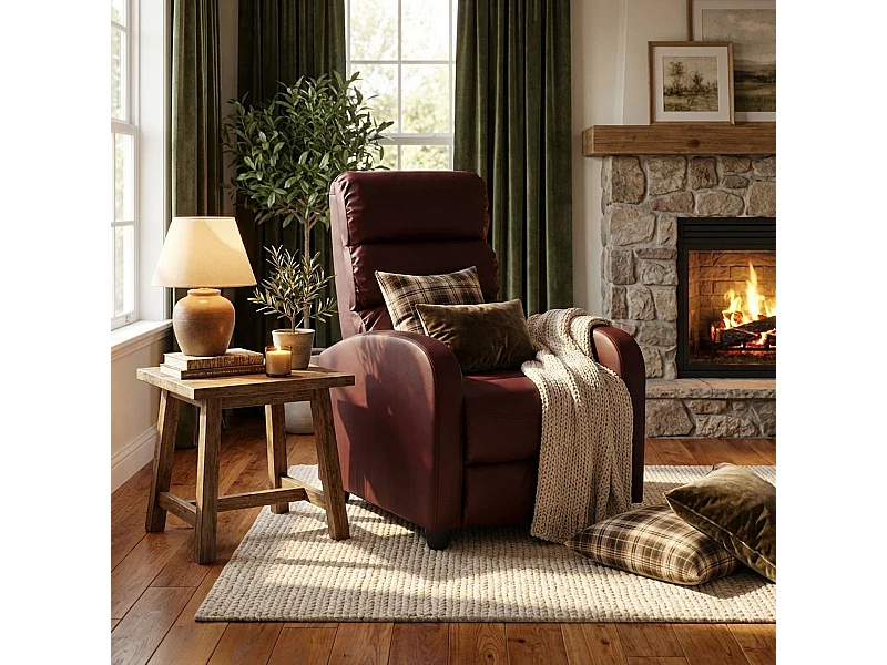 Sillón relax reclinable con reposapiés símil piel Alice - Bordeaux