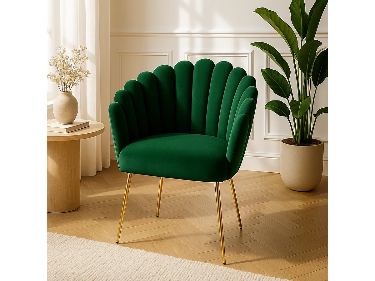Sillón concha butaca diseño moderno terciopelo patas doradas Calicis - Verde oscuro