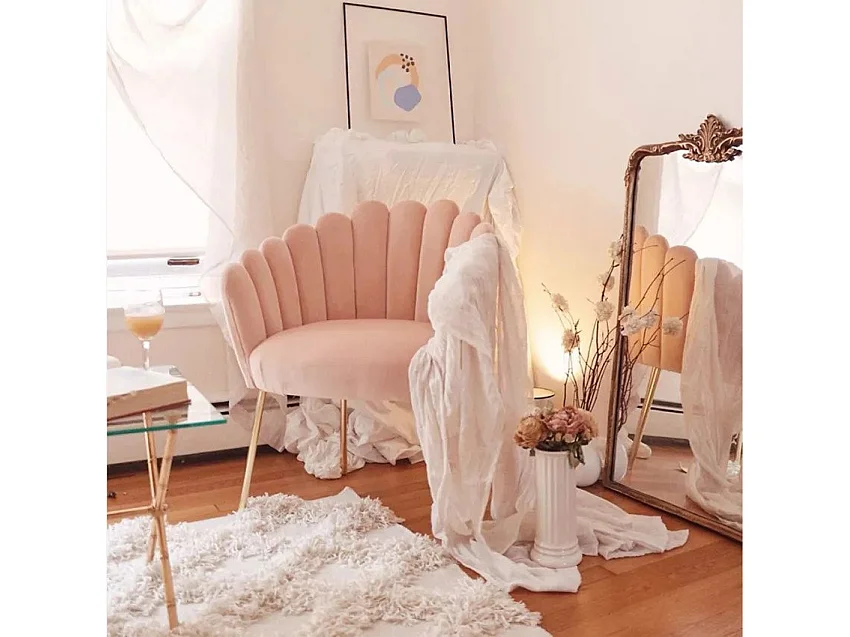 Sillón concha butaca diseño moderno terciopelo patas doradas Calicis - Rosa