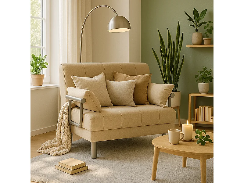 Sillón Sofá Cama Plegable Reposabrazos de tela Deborah Twin Dos Plazas - Beige