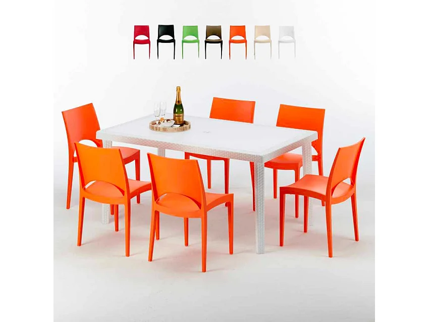 Weiß Rechteckig Tisch und 6 Stühle Farbiges Polypropylen-Außenmastenset Grand Soleil Paris Summerlife - Orange