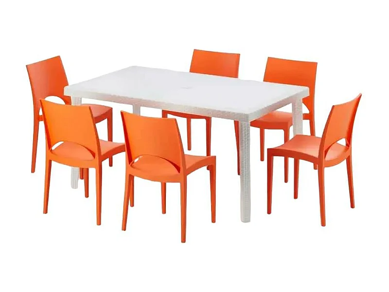 Weiß Rechteckig Tisch und 6 Stühle Farbiges Polypropylen-Außenmastenset Grand Soleil Paris Summerlife - Orange