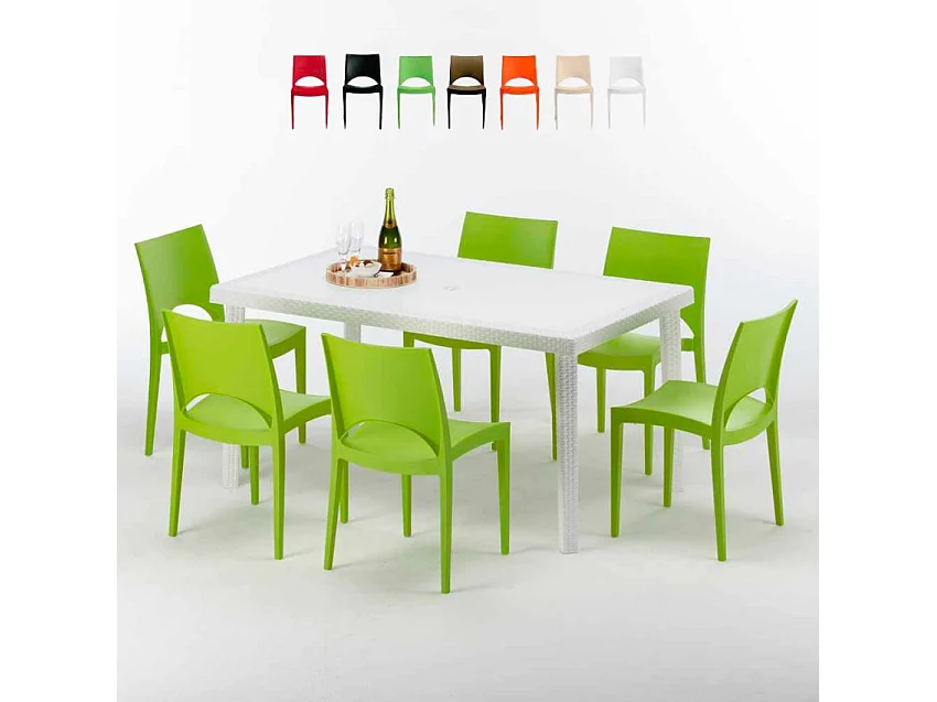 Weiß Rechteckig Tisch und 6 Stühle Farbiges Polypropylen-Außenmastenset Grand Soleil Paris Summerlife - Grün