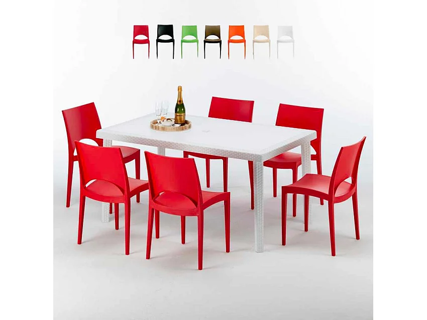 Weiß Rechteckig Tisch und 6 Stühle Farbiges Polypropylen-Außenmastenset Grand Soleil Paris Summerlife - Rot