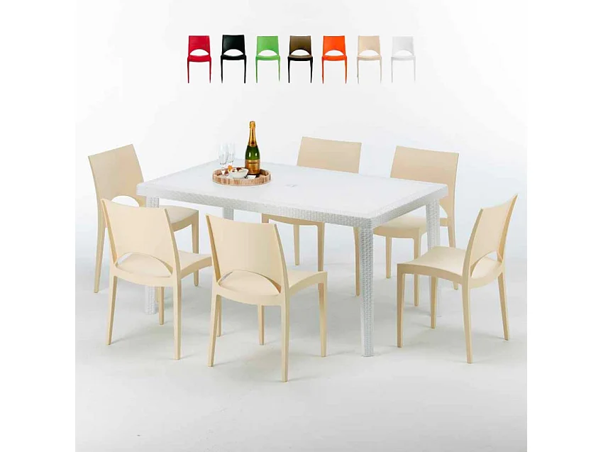 Weiß Rechteckig Tisch und 6 Stühle Farbiges Polypropylen-Außenmastenset Grand Soleil Paris Summerlife - Beige