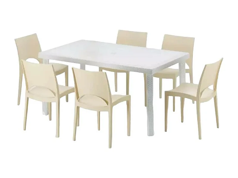 Weiß Rechteckig Tisch und 6 Stühle Farbiges Polypropylen-Außenmastenset Grand Soleil Paris Summerlife - Beige