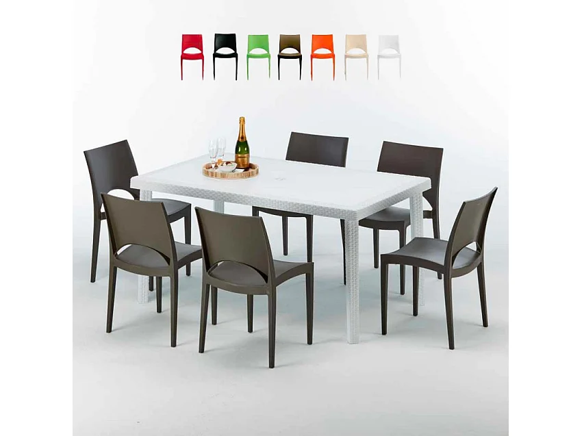 Weiß Rechteckig Tisch und 6 Stühle Farbiges Polypropylen-Außenmastenset Grand Soleil Paris Summerlife - Braun