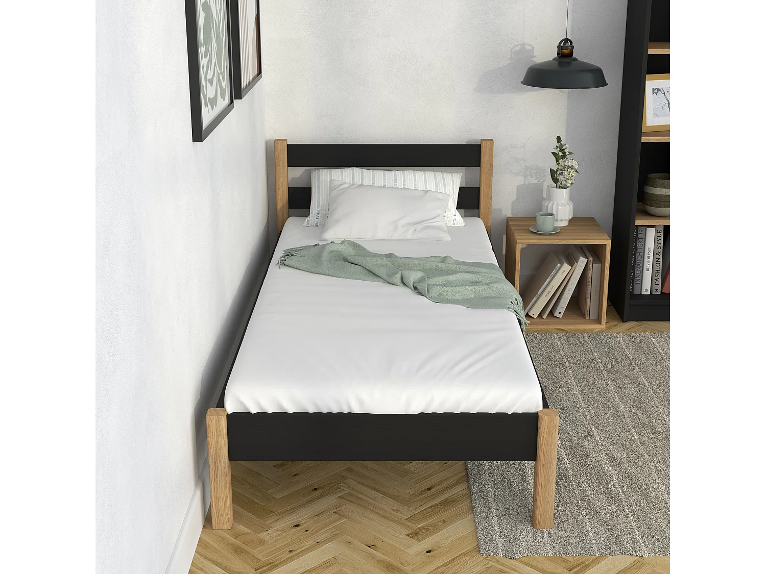 Lit simple en bois N01 Noir / Chêne Naturel 80x190