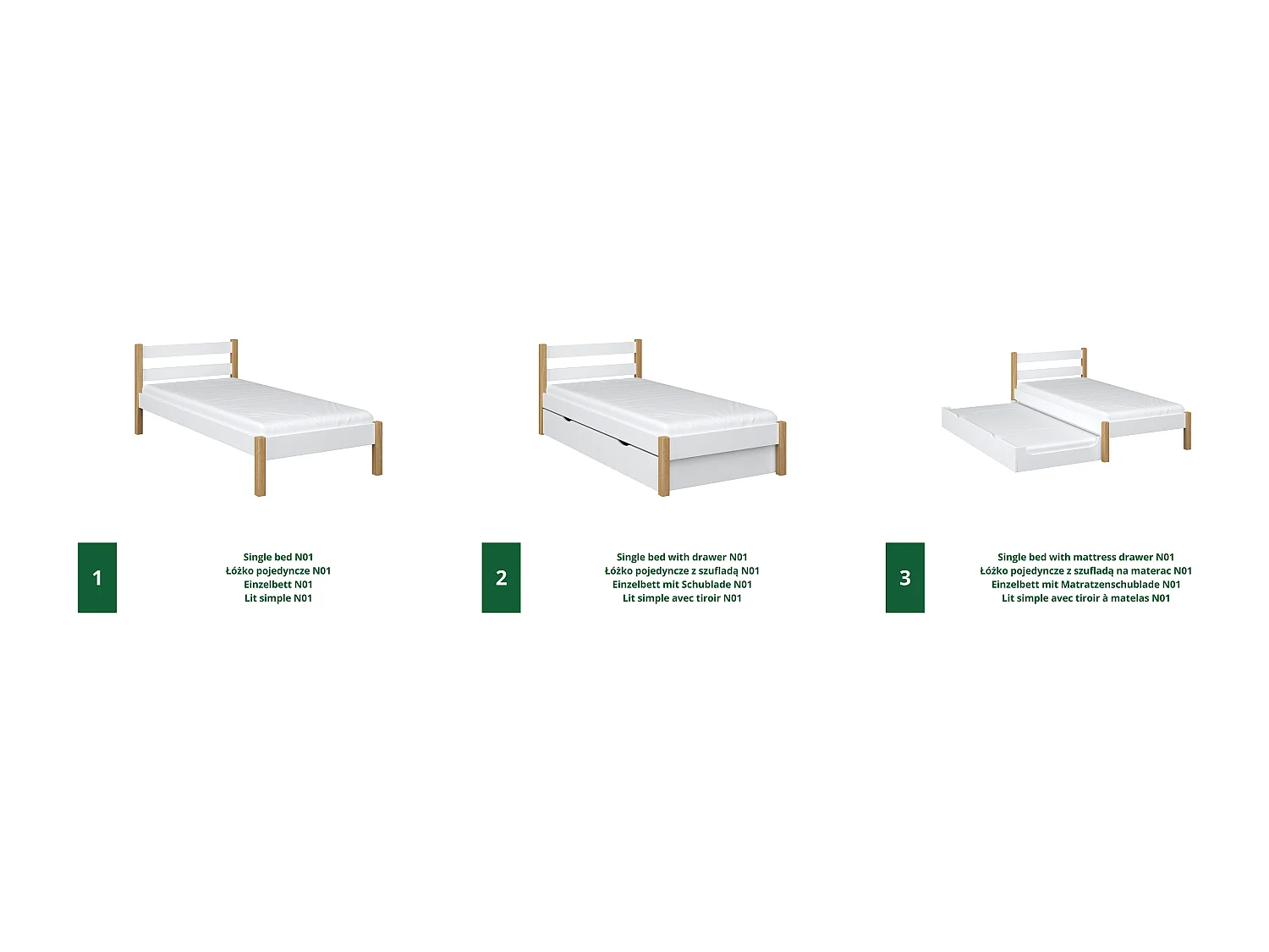 Lit simple en bois N01 Blanc / Chêne Naturel 100x180
