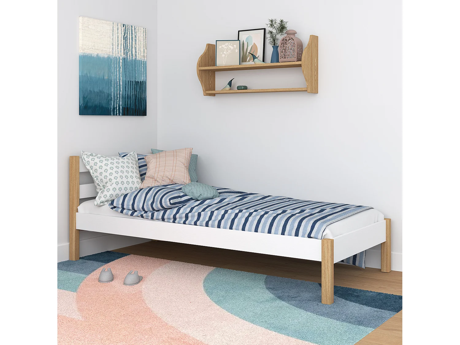 Lit simple en bois N01 Blanc / Chêne Naturel 80x190