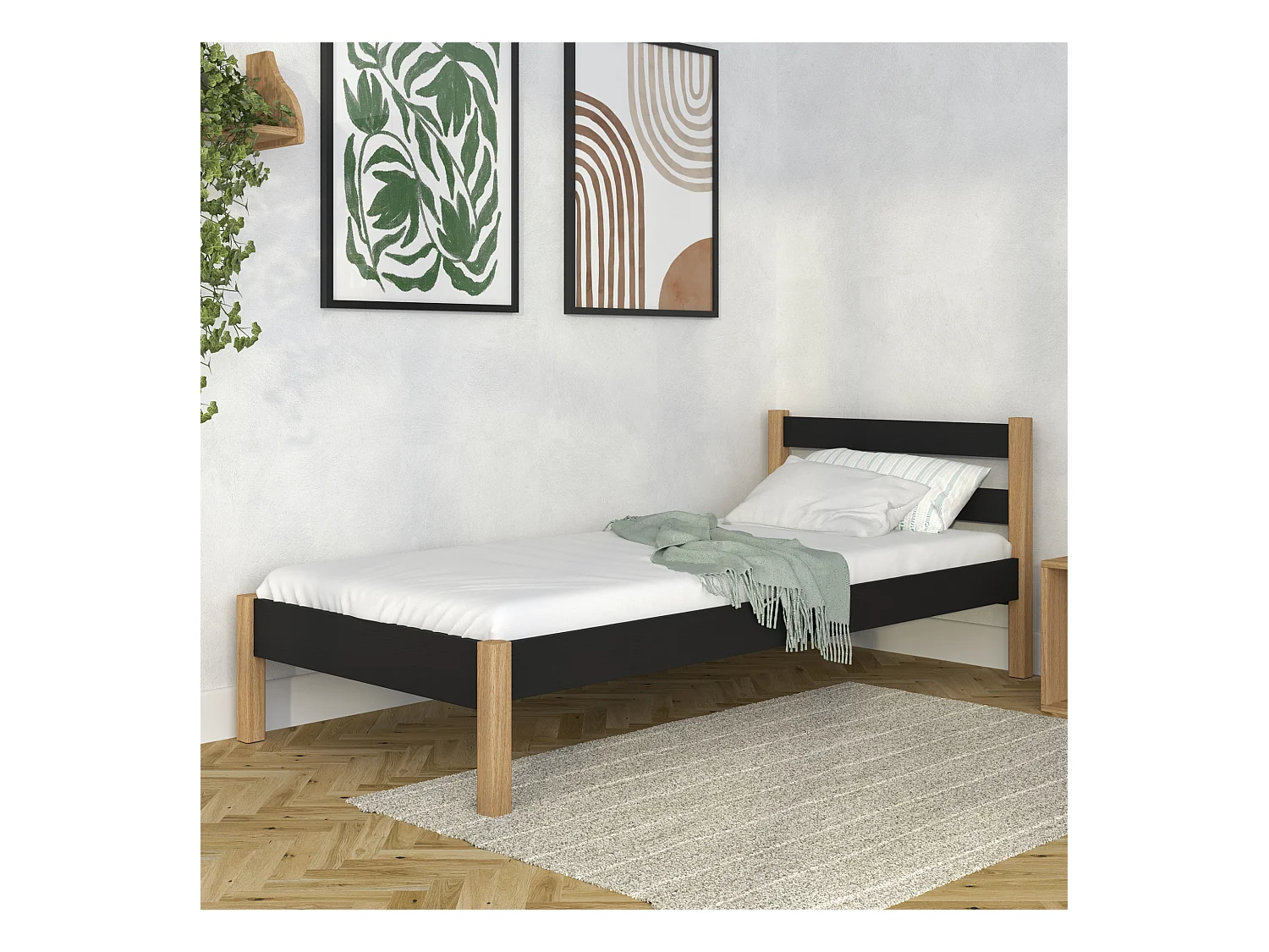 Lit simple en bois N01 Noir / Chêne Naturel 90x200