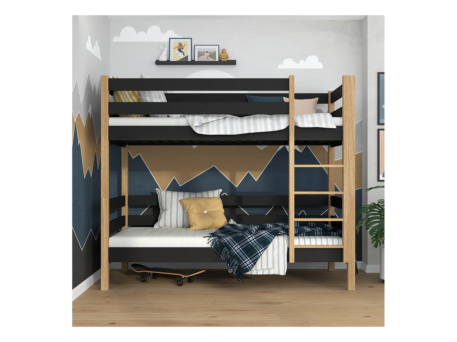 Lit superposé en bois N01 Noir / Chêne Naturel 90x190