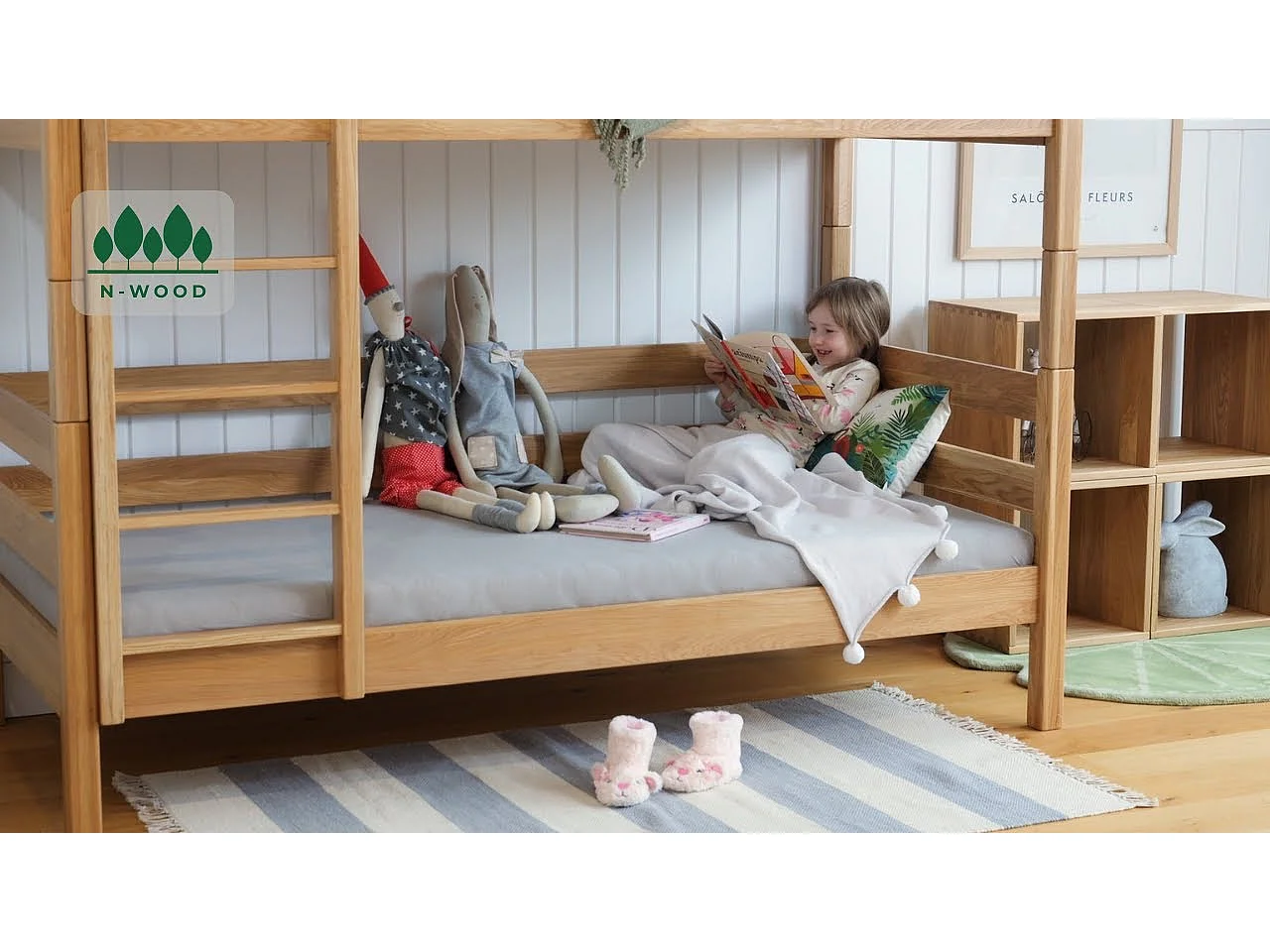 Lit superposé en bois N01 Blanc / Chêne Naturel 80x190