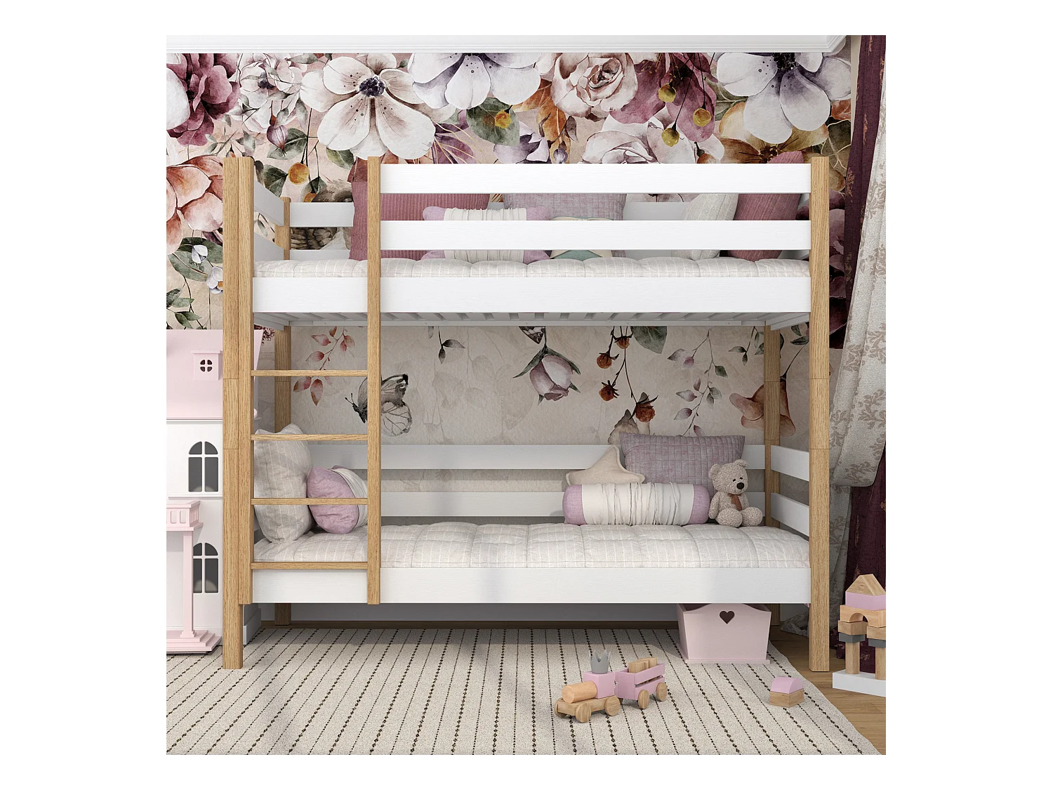 Lit superposé en bois N01 Blanc / Chêne Naturel 80x180