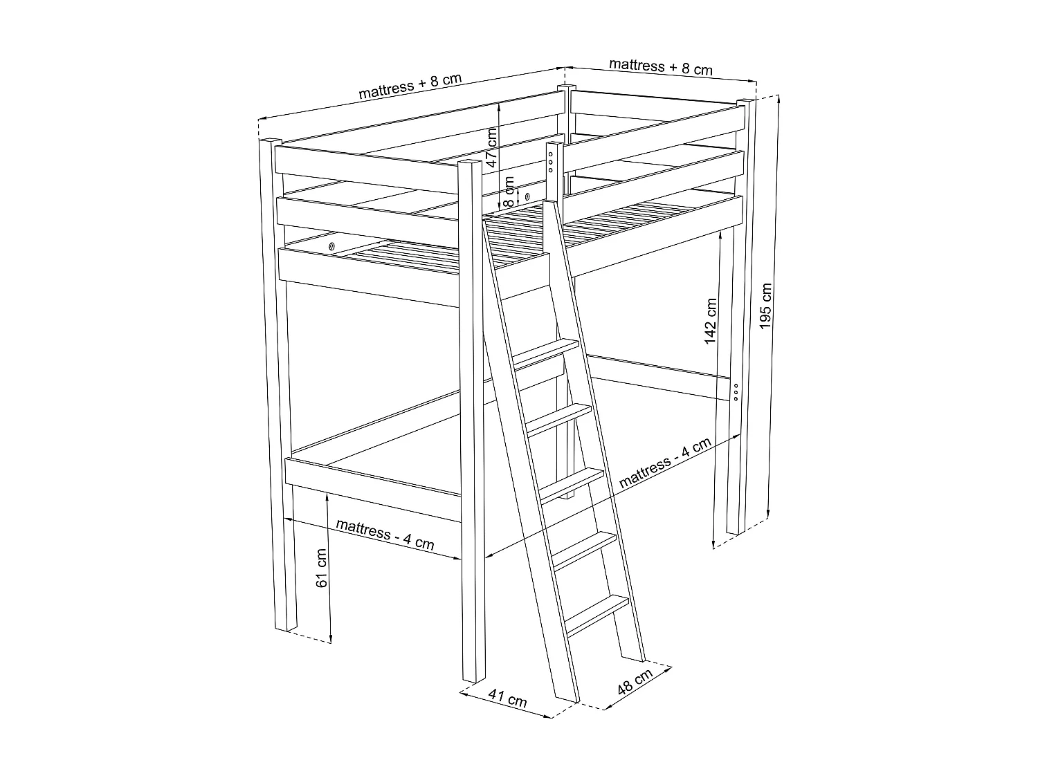 Lit mezzanine en bois N03 Pin Naturel 120x200