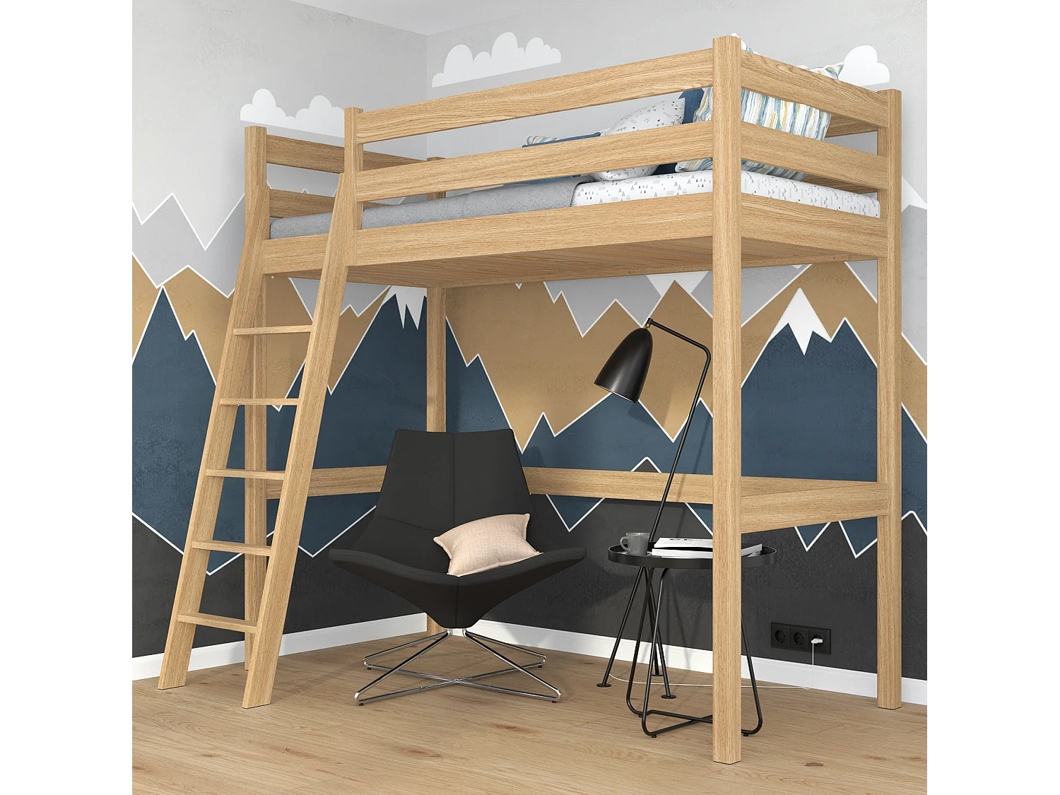 Lit mezzanine en chêne N03 Chêne Naturel 90x180