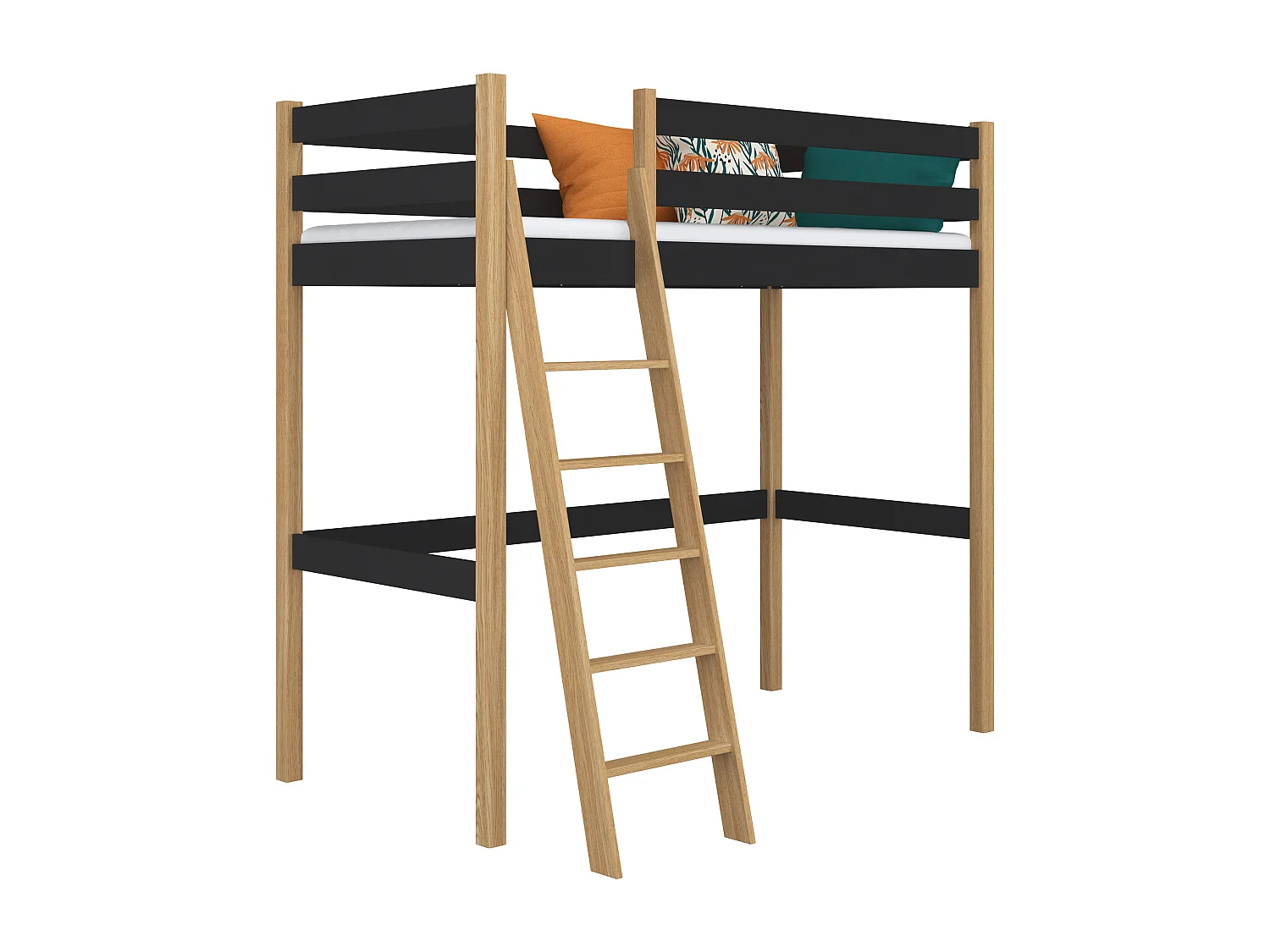 Lit mezzanine en bois N03 Noir / Chêne Naturel 90x200