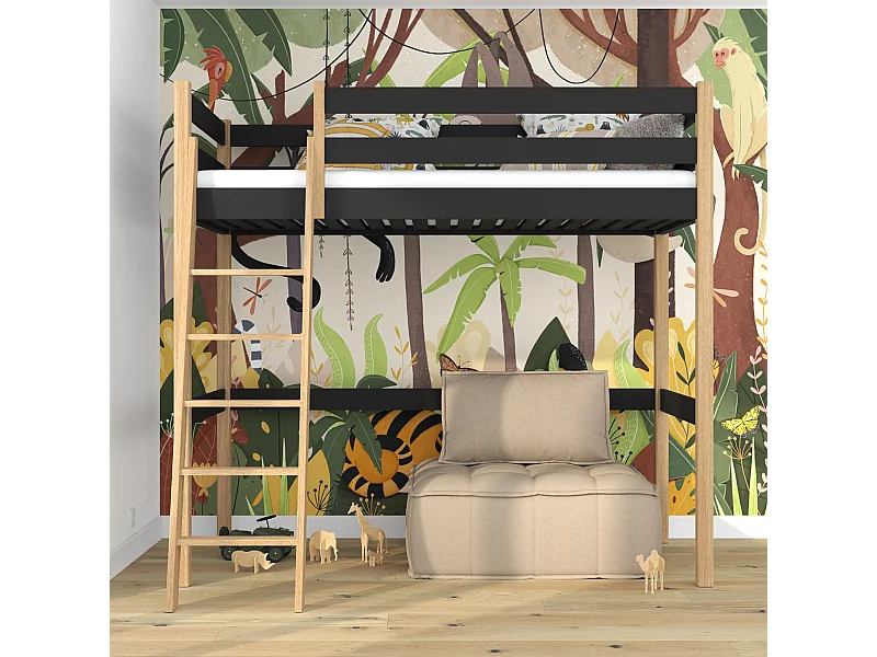 Lit mezzanine en bois N03 Noir / Chêne Naturel 90x200