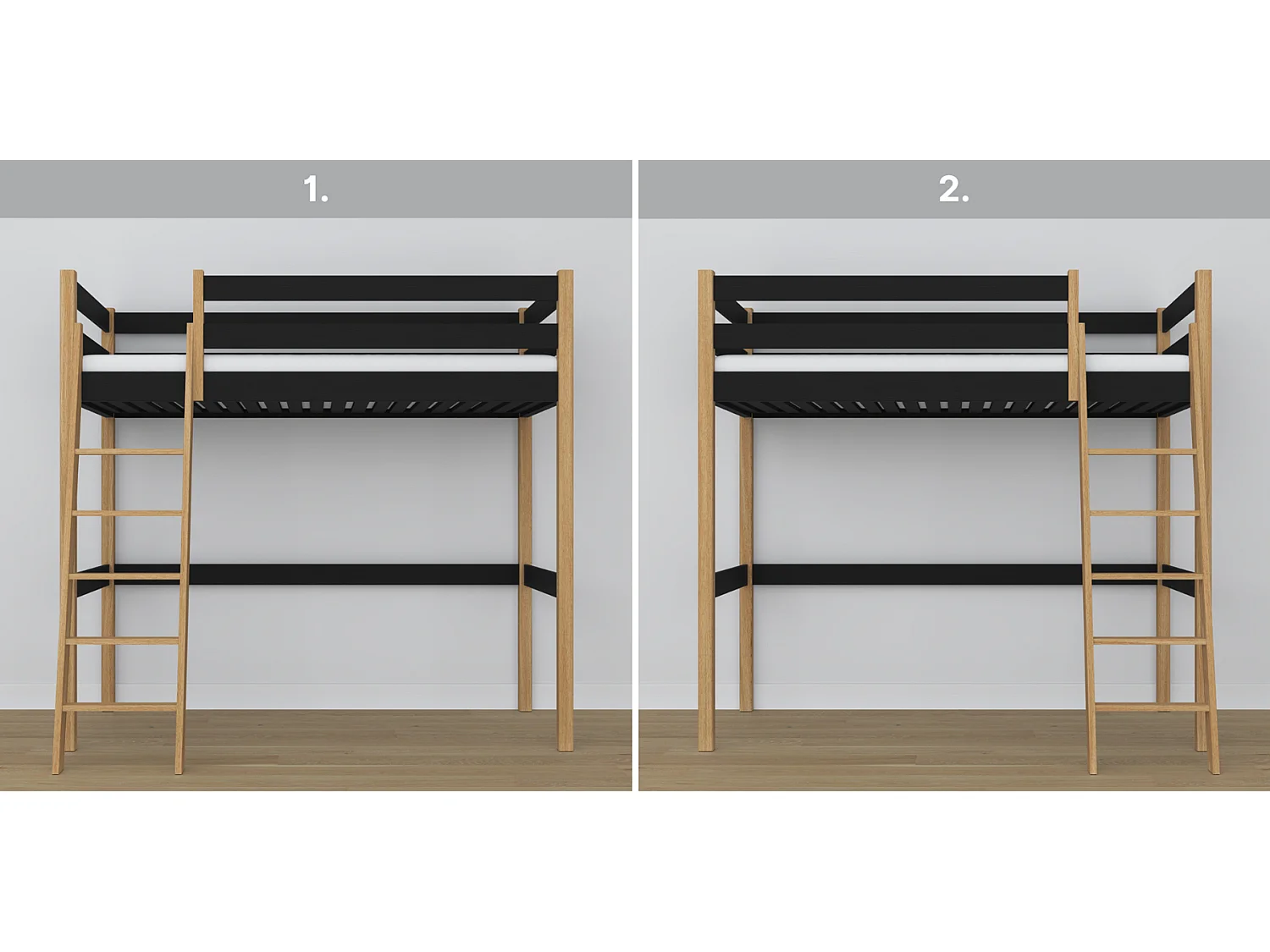 Lit mezzanine en bois N03 Noir / Chêne Naturel 80x200