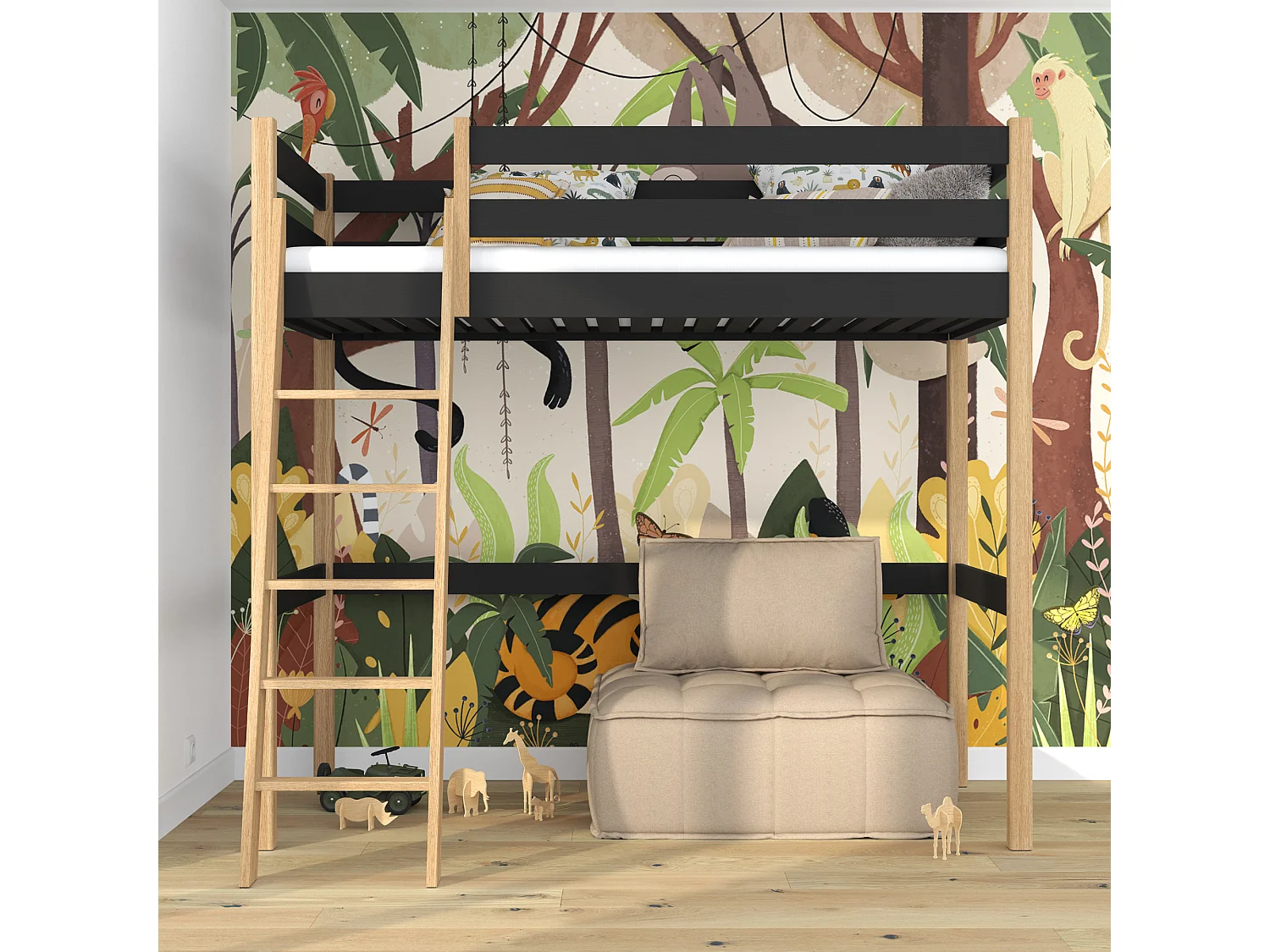 Lit mezzanine en bois N03 Noir / Chêne Naturel 120x180