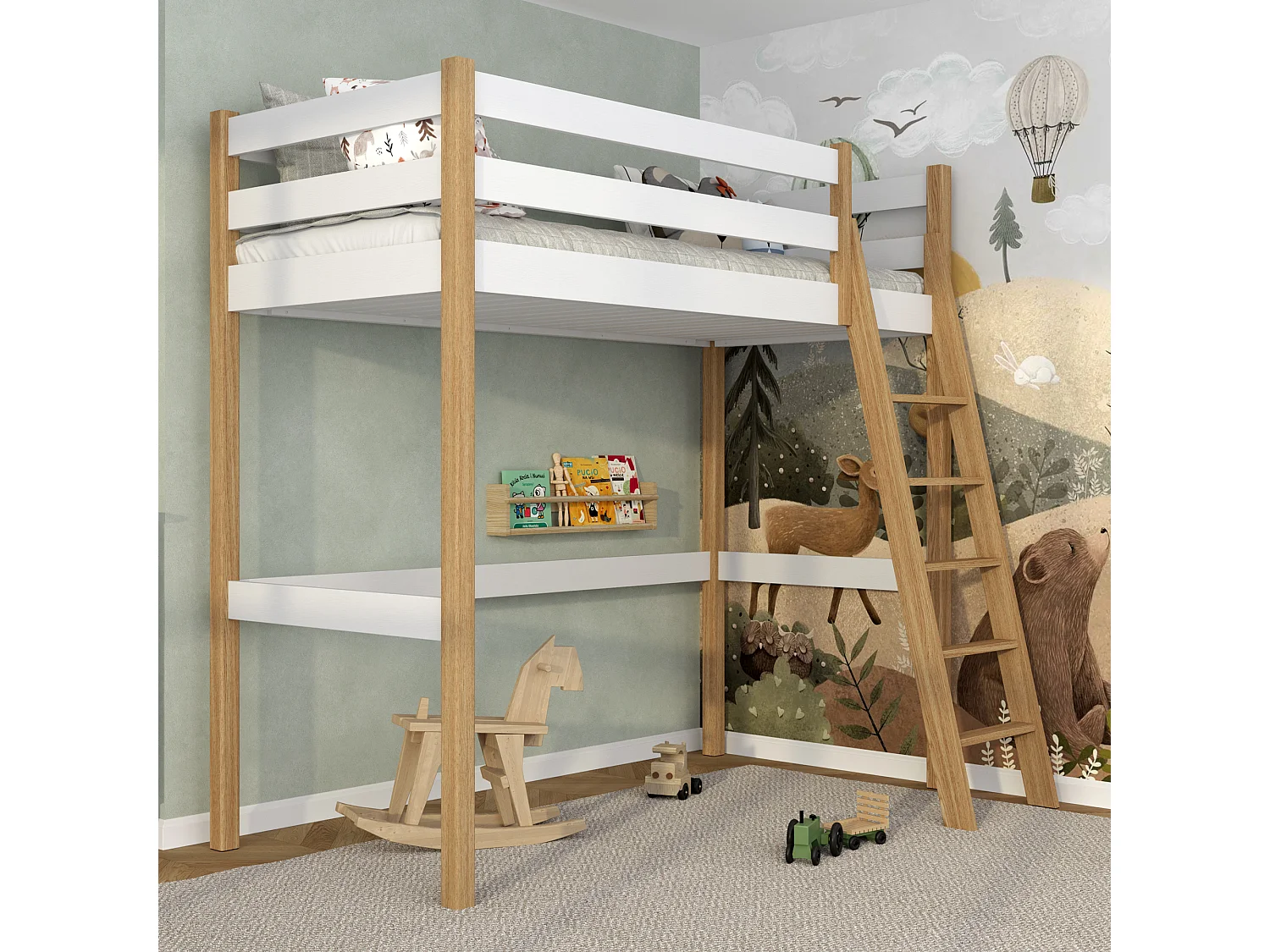 Lit mezzanine en bois N03 Blanc / Chêne Naturel 100x190