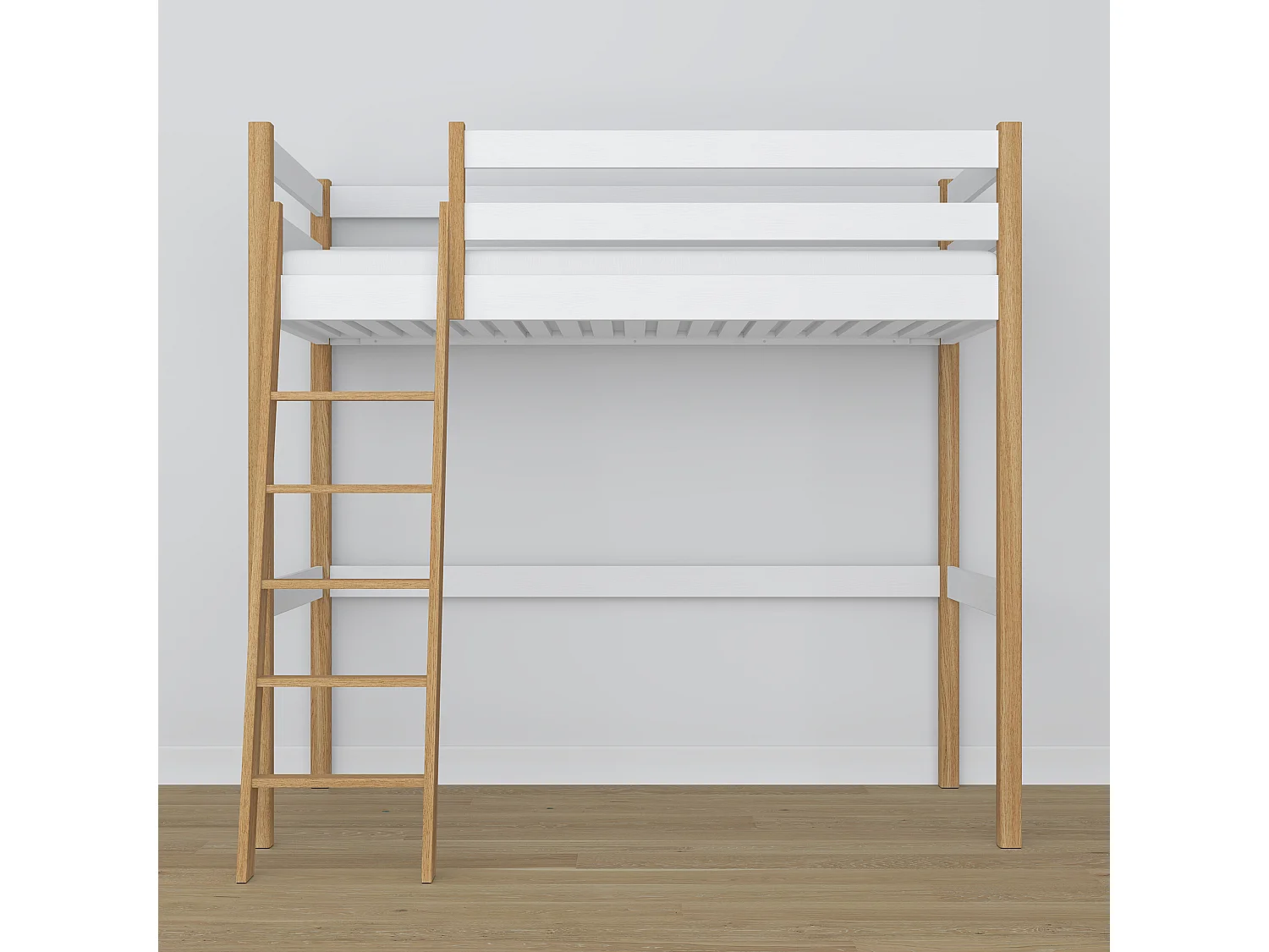 Lit mezzanine en bois N03 Blanc / Chêne Naturel 100x190