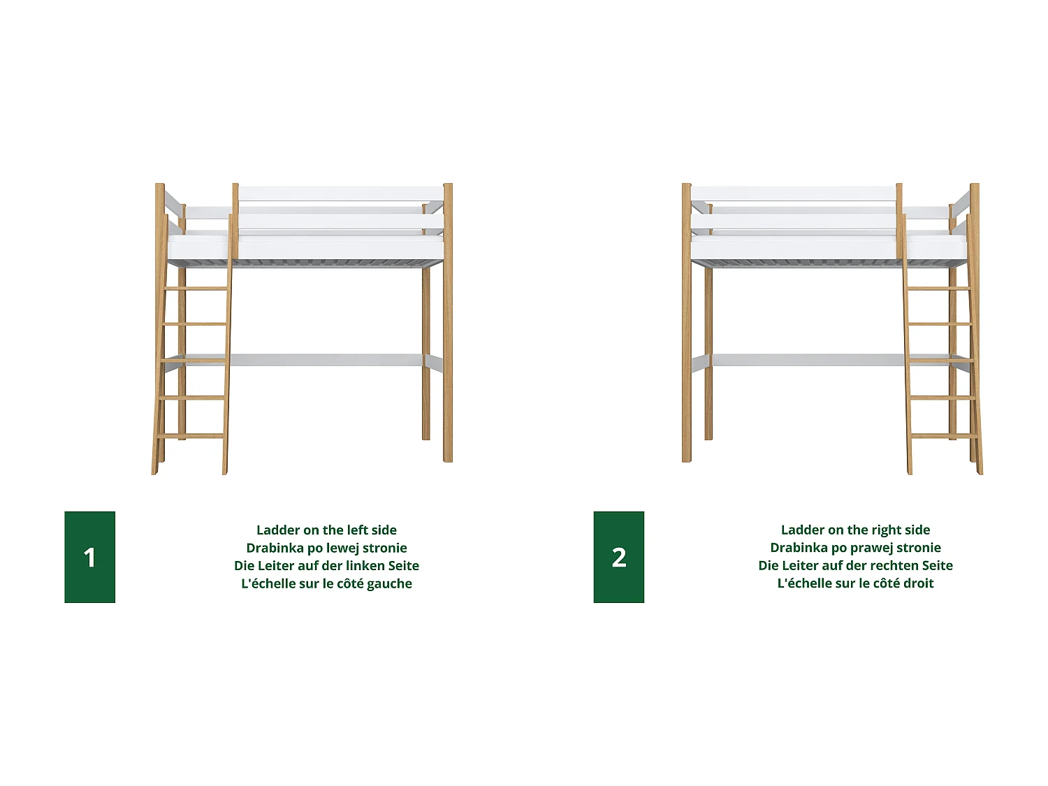 Lit mezzanine en bois N03 Blanc / Chêne Naturel 100x190