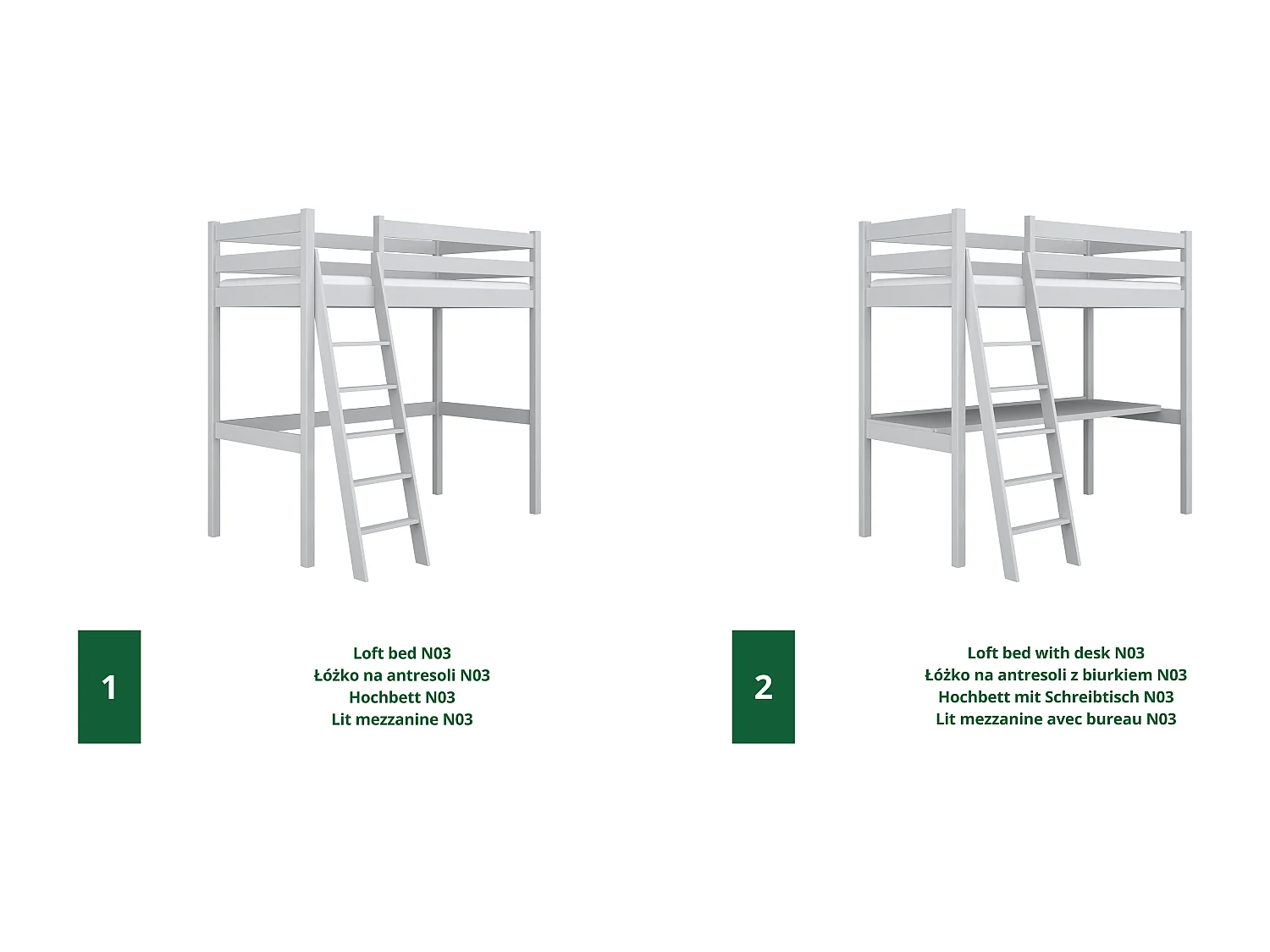 Lit mezzanine en bois N03 Gris 80x200