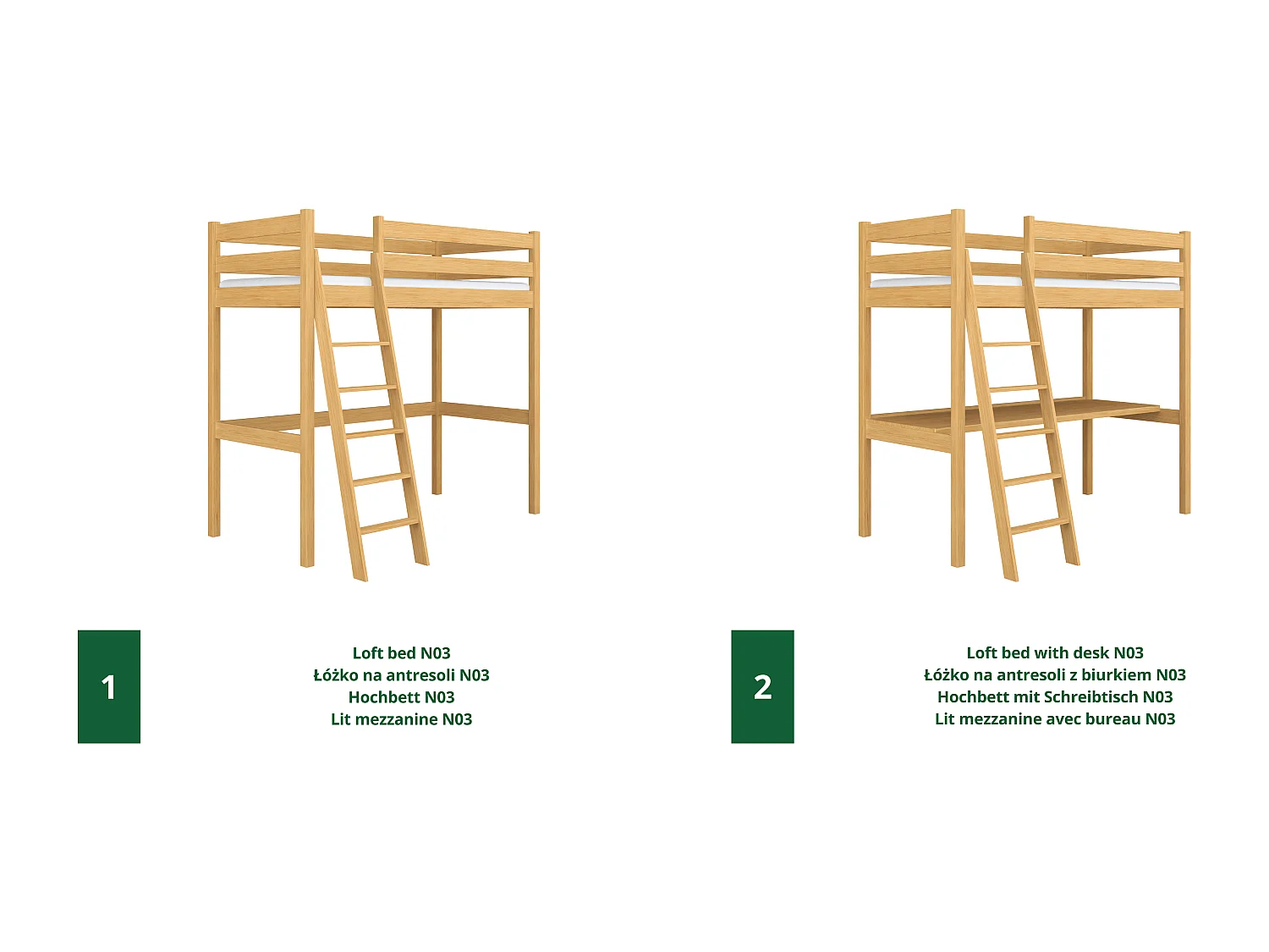 Lit mezzanine en bois N03 Pin Naturel 80x190