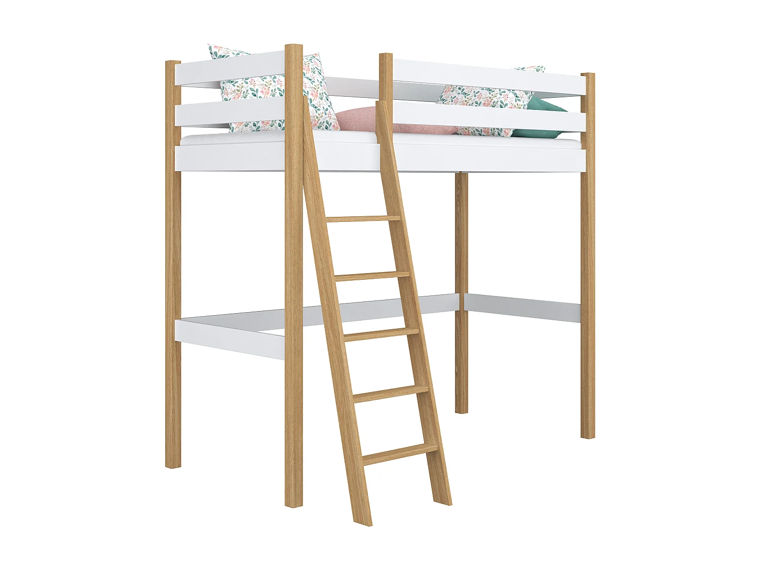 Lit mezzanine en bois N03 Blanc / Chêne Naturel 90x190