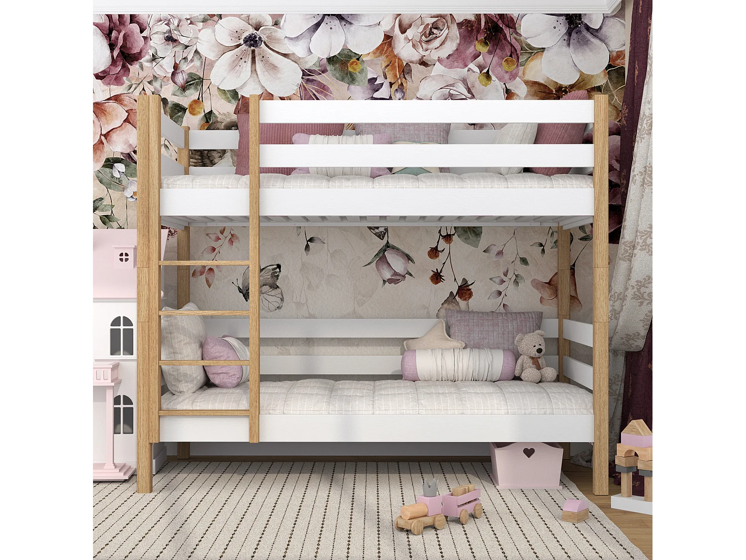 Lit superposé en bois N01 Blanc / Chêne Naturel 90x200