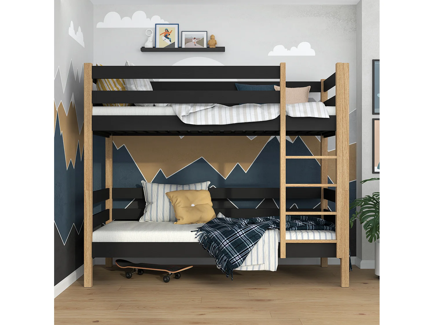 Lit superposé en bois N01 Noir / Chêne Naturel 100x200
