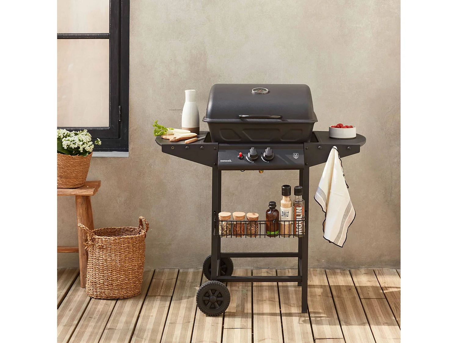 Barbecue au gaz - Aramis -  Cuisine extérieure 2 brûleurs avec tablettes latérales et thermomètre