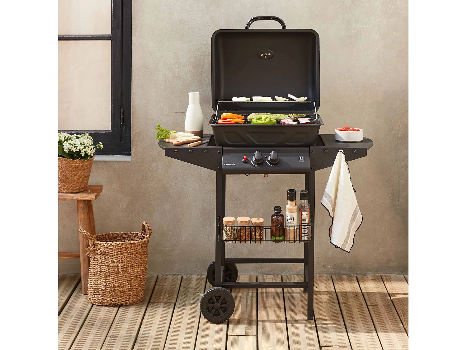 Barbecue au gaz - Aramis -  Cuisine extérieure 2 brûleurs avec tablettes latérales et thermomètre