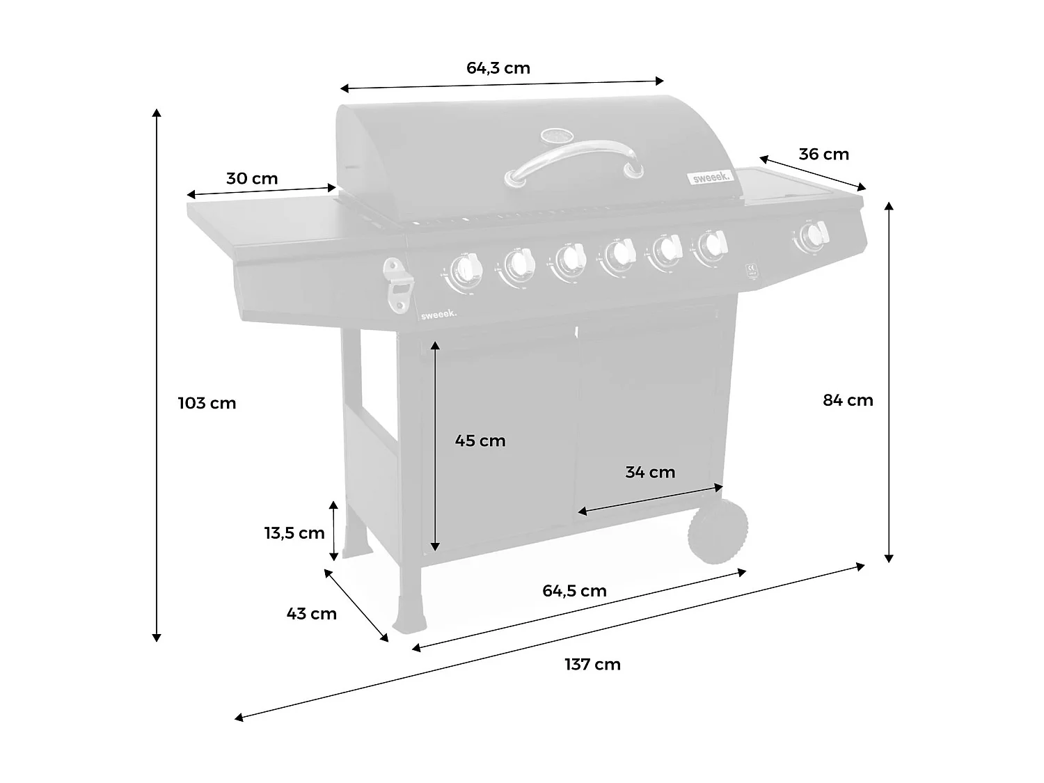 Barbecue gaz - Treville - Barbecue 7 brûleurs dont 1 feu latéral noir. avec thermomètre