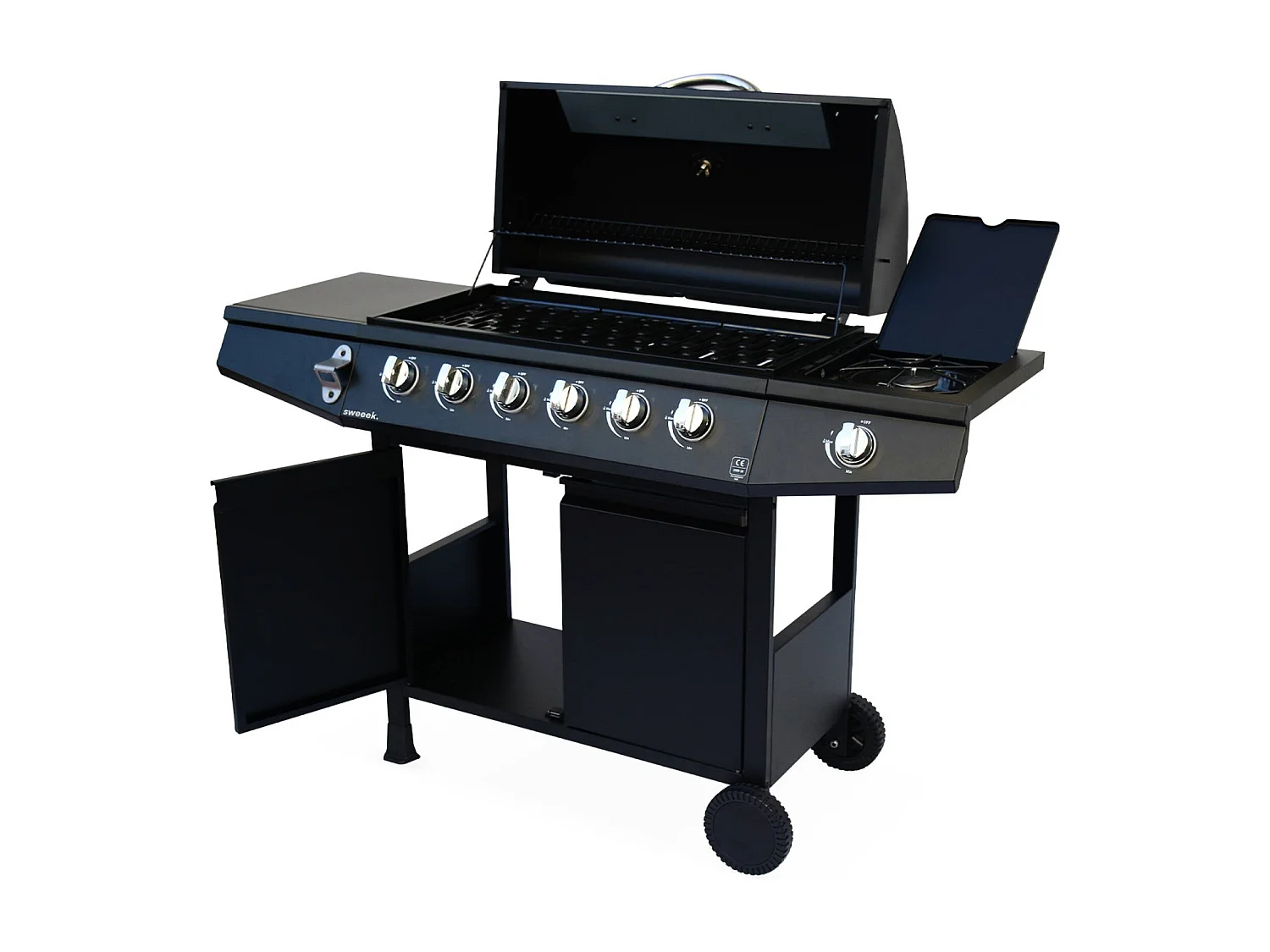 Barbecue gaz - Treville - Barbecue 7 brûleurs dont 1 feu latéral noir. avec thermomètre