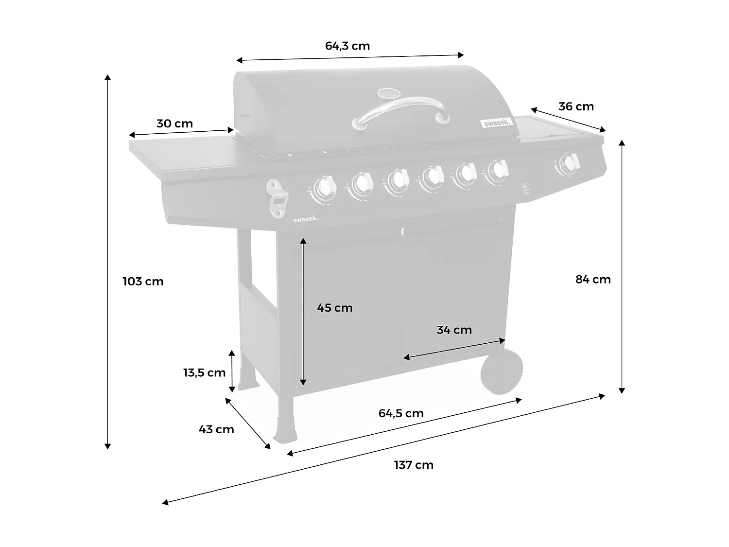 Barbecue gaz - Treville - Barbecue 7 brûleurs dont 1 feu latéral noir. avec thermomètre