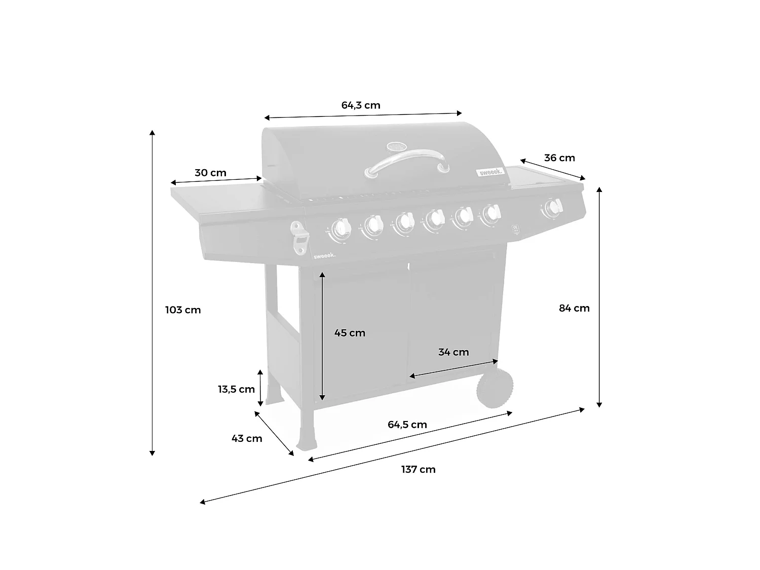 Barbacoa de gas de 7 quemadores con 1 quemador lateral, Negro