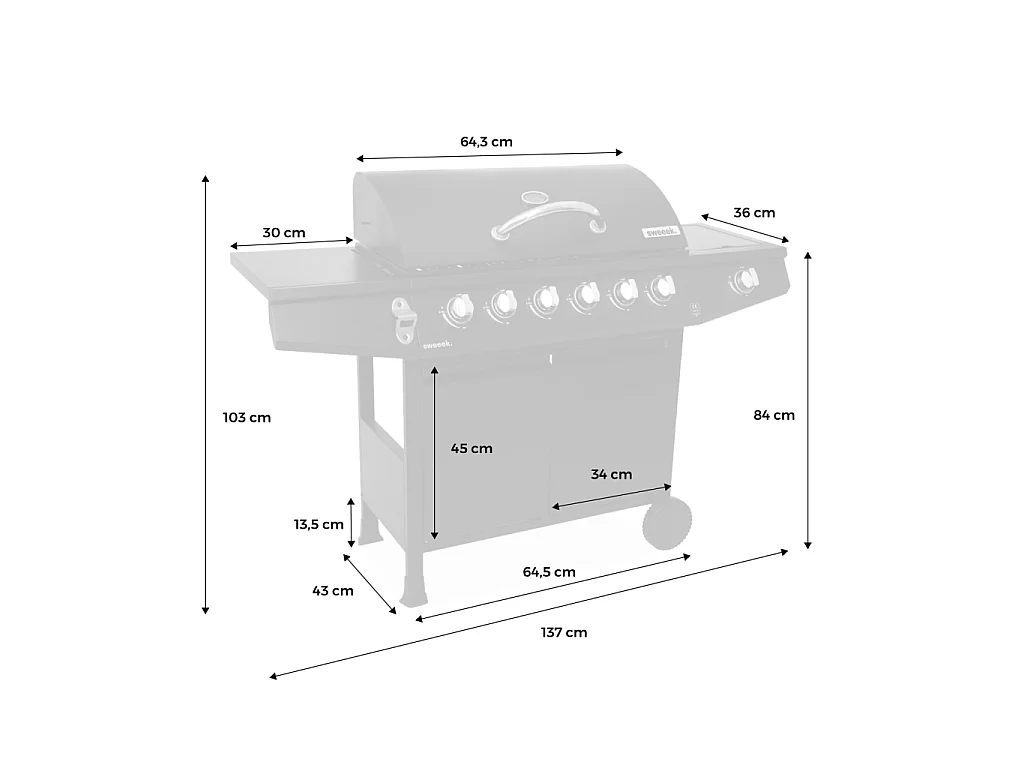 Barbacoa de gas de 7 quemadores con 1 quemador lateral, Negro