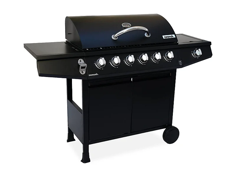 Barbecue gaz - Treville - Barbecue 7 brûleurs dont 1 feu latéral noir. avec thermomètre