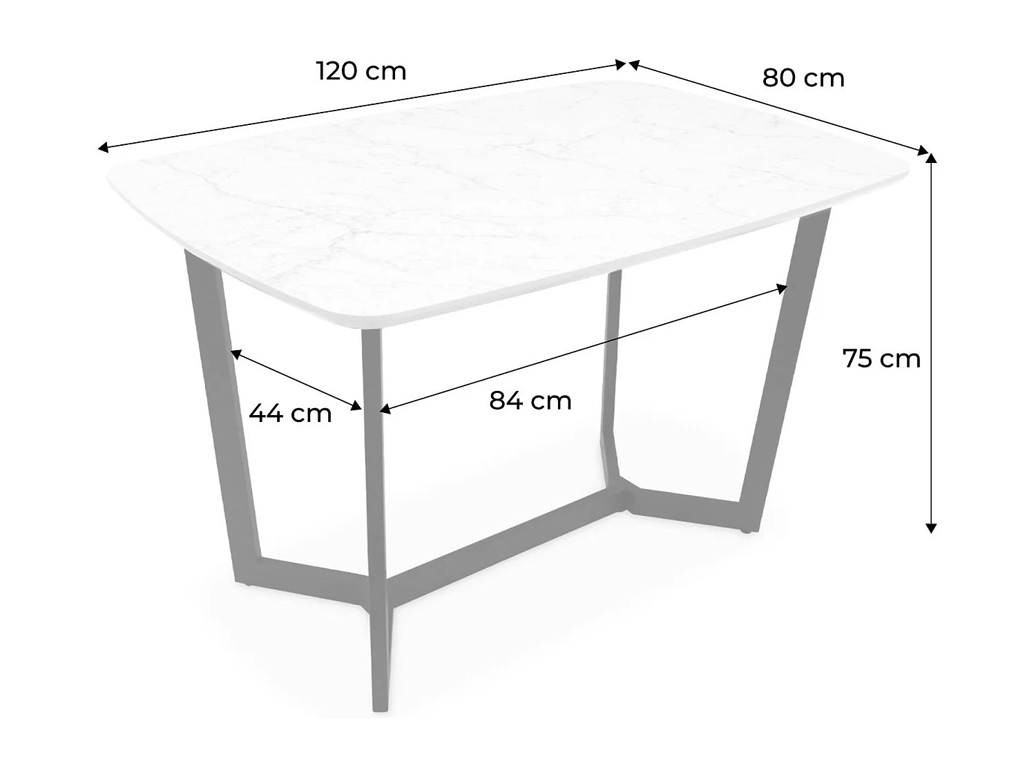 Table à manger 4 à 6 places effet marbre. pieds métal noir. 120cm