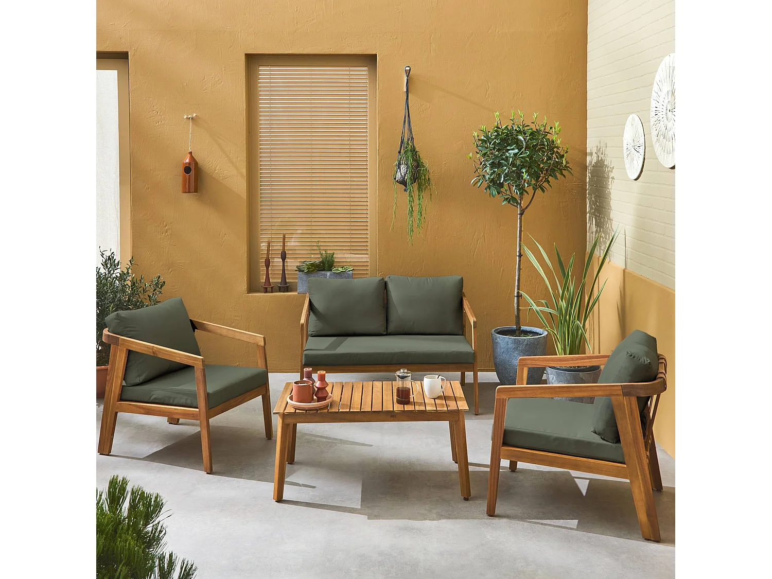 Set di mobili da giardino a 4 posti in legno di acacia, kaki