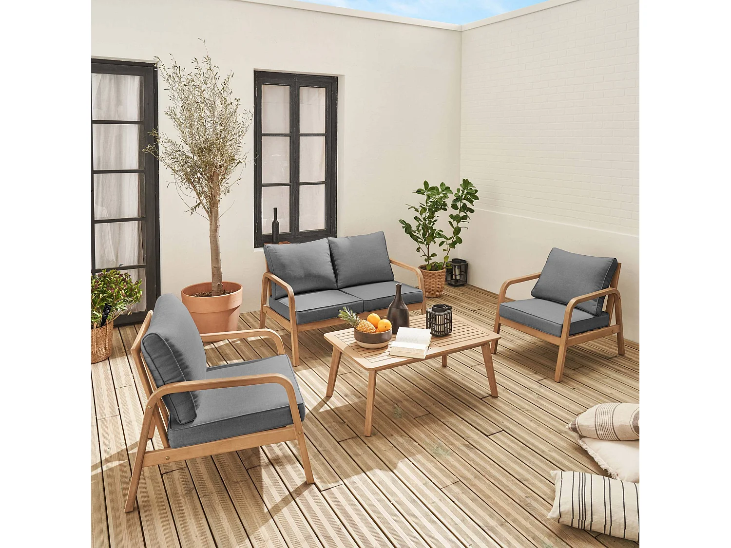 Conjunto de muebles de jardín de madera acacia, 4 plazas gris