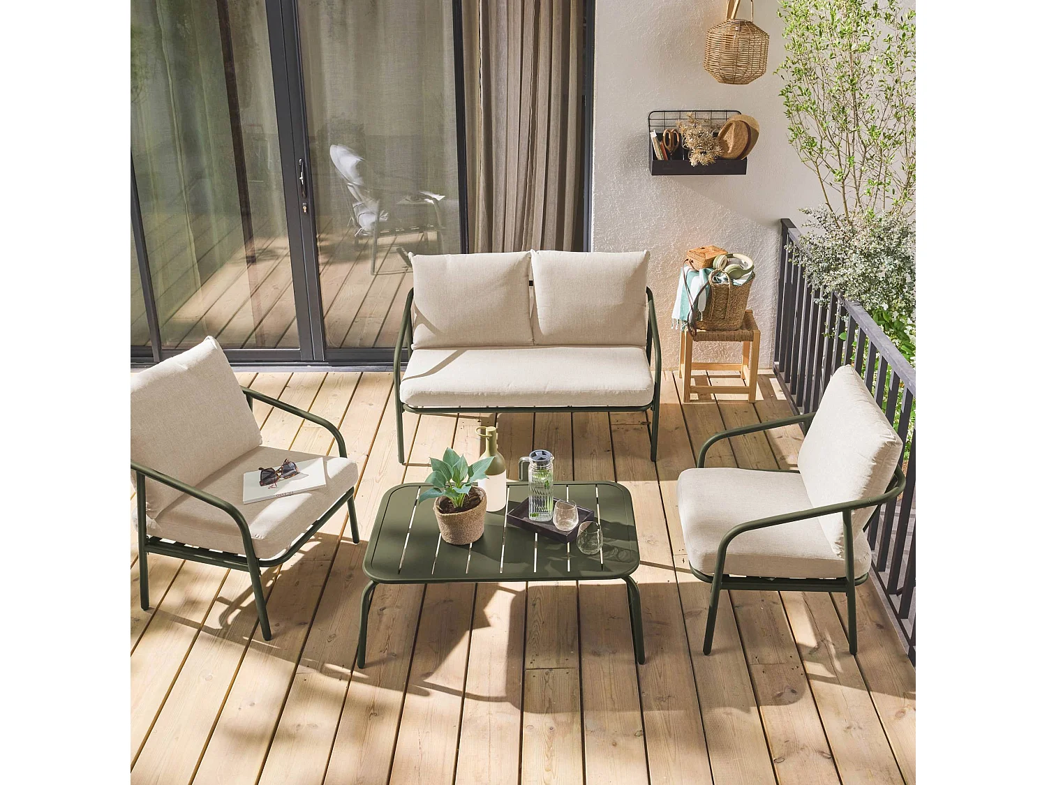 Conjunto de muebles de jardín de metal de 4 plazas verde kaki