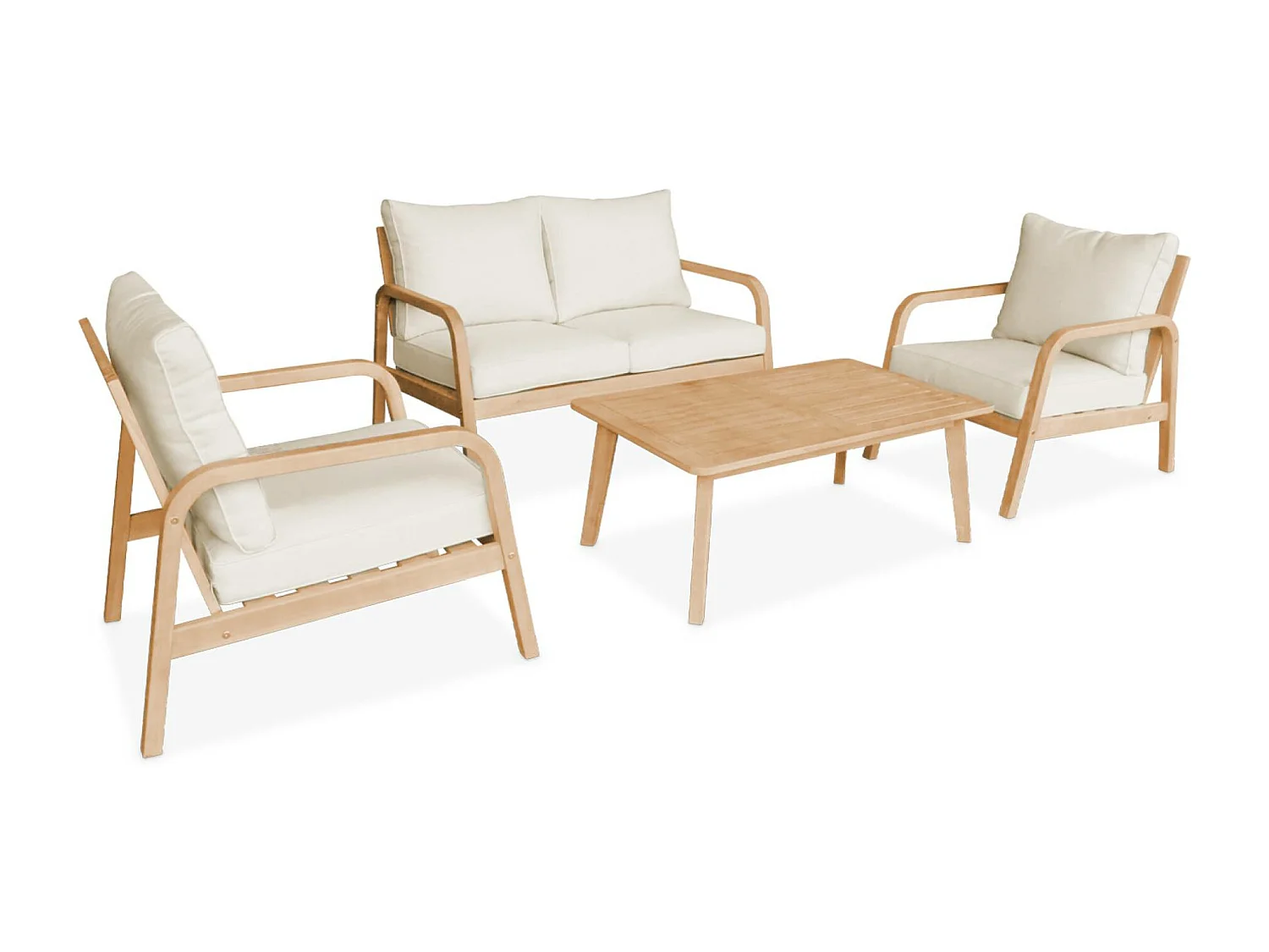 salon de jardin en bois d'acacia 4 places beige CARNOTA. coussins déhoussables. 2 fauteuils. 1 canapé 2 places et 1 table